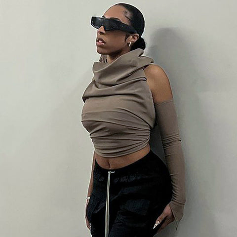 Cutenova Pile Collar Backless Streetwear Women T-shirts One-sleeve Hooded Vintage Solid Crop Tops Slim Casual Fashion Clothing