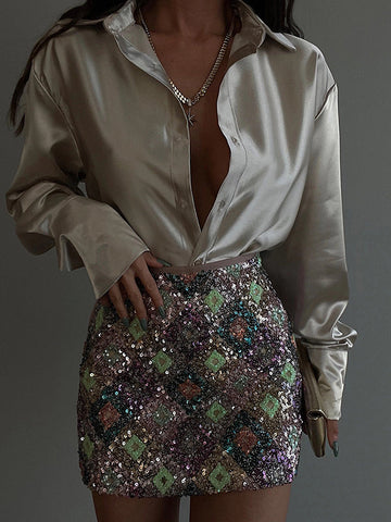 Long Sleeves Loose Buttoned Shiny Solid Color Lapel Blouses&Shirts Tops