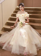 A-line Light Champagne Off Shoulder Long Prom Dress Evening Dress