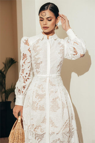 Vestido midi de encaje liso con mangas abullonadas y cinturón 