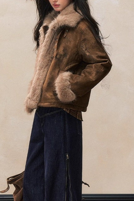 Brown Faux Fur Trim Wool Blend Coat