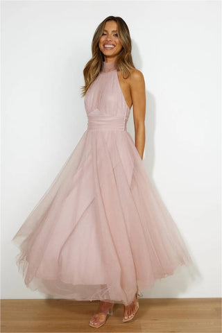 Sleeveless Lace Up Halter Neck Midi Dress Pink