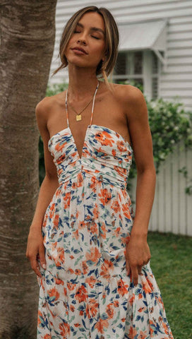Women's V Neck Maxi Dress Elegant Shoulder Baring Sleeveless Sling