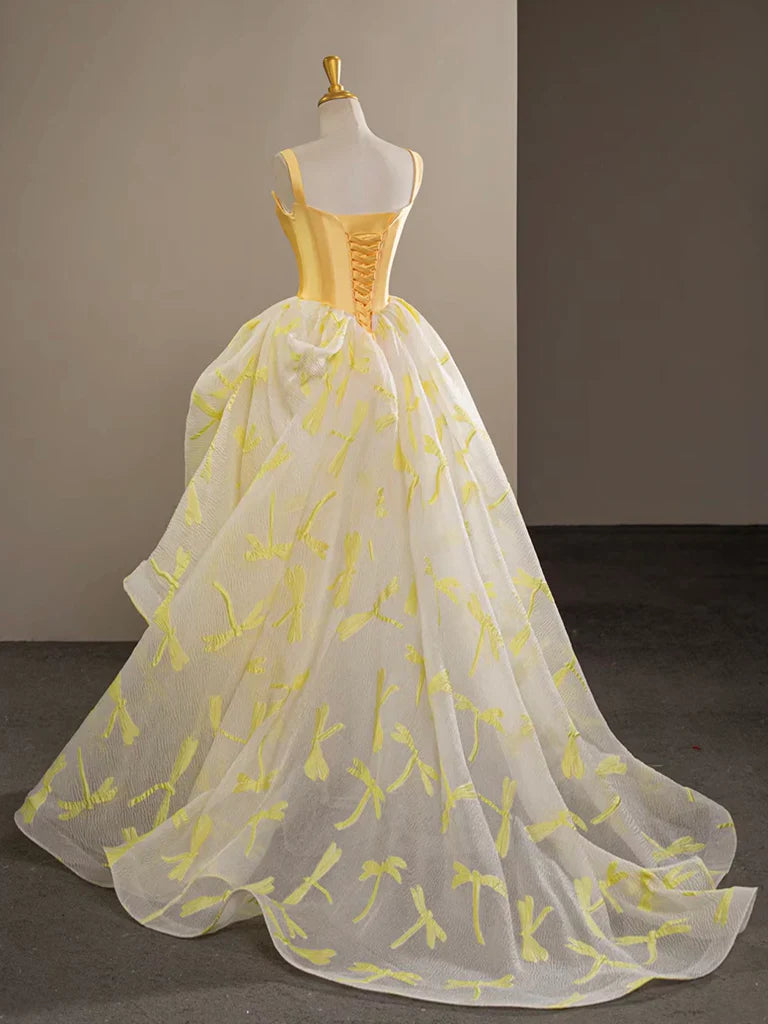 Langes, gelbes A-Linien-Abendkleid aus Satin, Tüll und Spitze mit Herzausschnitt für Quinceañeras