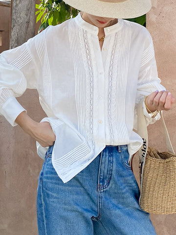 Long Sleeves Loose Buttoned Pleated Solid Color Split-Joint Stand Collar Blouses&Shirts Tops