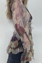 Tie Dye Mesh Ruffle Flare Sleeve Blouse