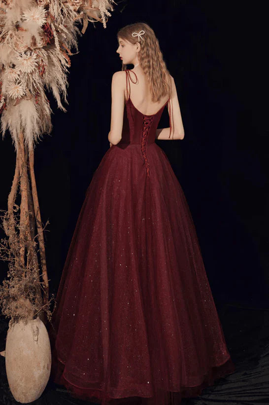 Wine Red Spaghetti Strap Tulle Beaded Long Prom Dress A-line Evening Dress