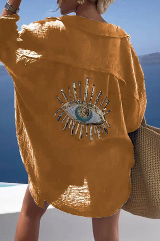 Lässige Blusen mit Patchwork-Umlegekragen und Augenaufdruck (8 Farben) 