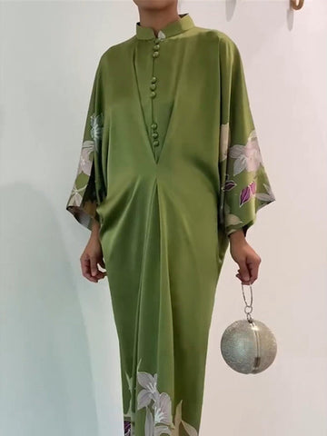 Vestidos largos musulmanes plisados ​​con cuello alto y estampado floral holgado con mangas de murciélago 