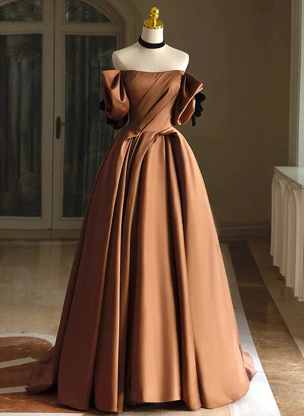 A-Linie Ballkleid Satin Off Shoulder Rundhals Lang Abschlussballkleid Abendkleid