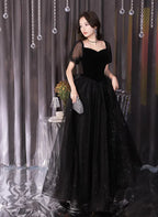 Glitzer A-Linie Prinzessin Tüll und Samt Kurzarm Ballkleid Schwarzes Abendkleid