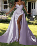 Vestido de fiesta estilo sirena, de satén lila y tirantes finos, corte princesa, corte A