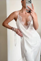 Sexy Satin V Neck Lace Slit Cami Top