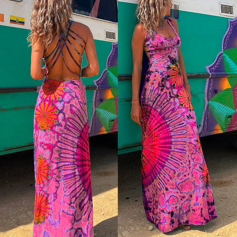 Meridress – Rückenfreies Maxi-Camisole-Kleid mit überkreuztem Design und Batikmuster