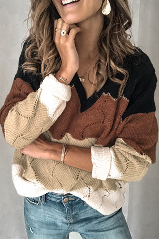 Casual Patchwork Contrast V Neck Tops Sweater