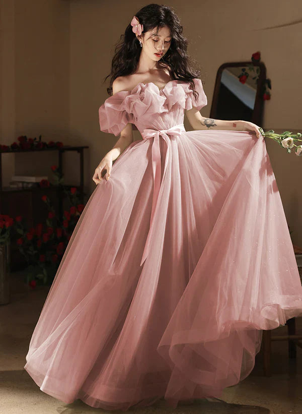 Vestido de fiesta de tul con hombros descubiertos, corte princesa y línea A, para graduación