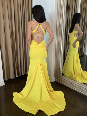 Simple Backless Satin Yellow Long Prom Dress Evening Dress With Sweep Train