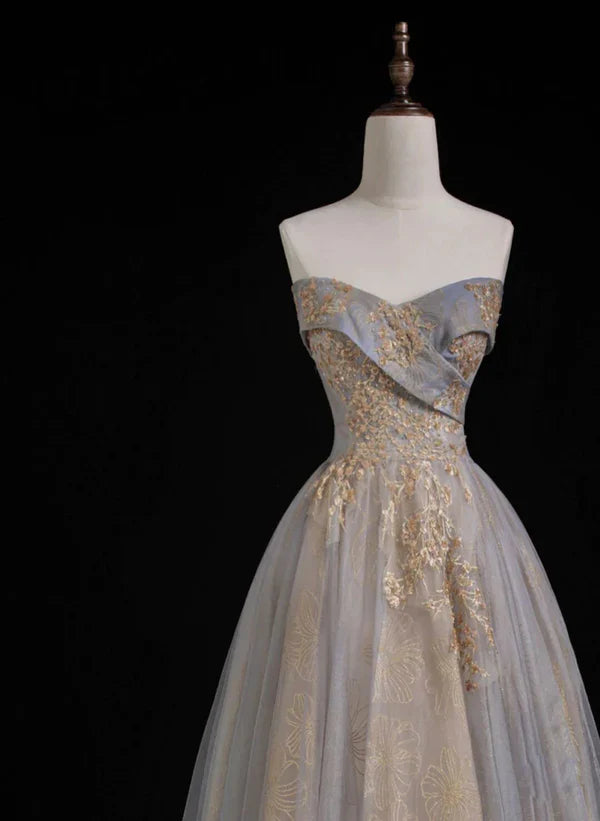 Vestido de fiesta largo de tul y encaje con escote en forma de corazón en línea A Vestido de noche largo