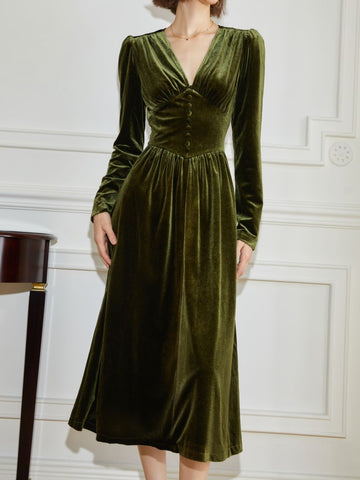 Vestido midi de terciopelo para mujer, vestido de fiesta vintage francés de manga larga con corte en A, vestido de otoño y primavera liso informal para graduación, vestidos para mujer, nuevo 