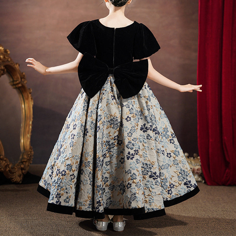 Kommunionkleid für Kleinkinder, Mädchen, Taufe, Retro-Print, große Schleife, Prinzessinnenkleid 