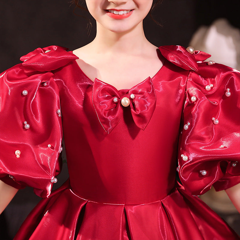 Blumenmädchenkleid, Kinder, Prinzessin, Kommunion, rote Schleife, Perlen, flauschiges Kleid 