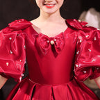 Blumenmädchenkleid, Kinder, Prinzessin, Kommunion, rote Schleife, Perlen, flauschiges Kleid 