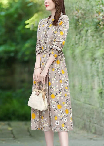Vestido largo de algodón con estampado floral beige y lazo en la cintura para primavera 