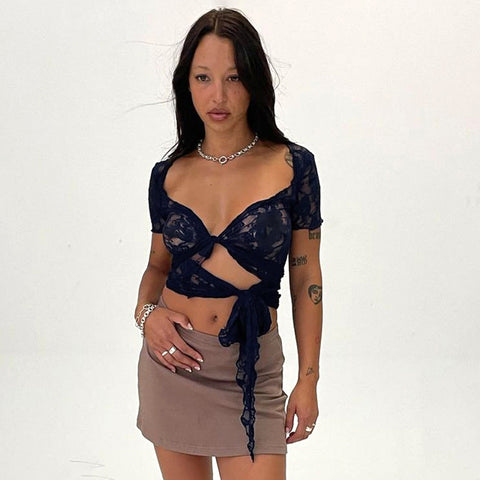 Elegant Lace Summer Women's T-Shirt Mesh See-Through Sexy V-Neck Tie Hollow Out Embroidered Crop Top Casual Chic