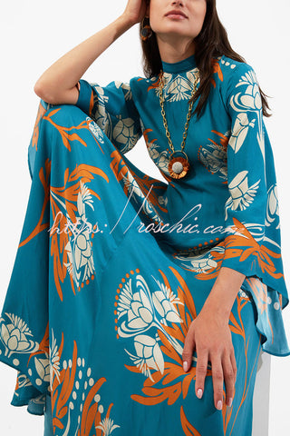 Shine The Light Unique Printed High Neck Bell Sleeve Loose Maxi Dress