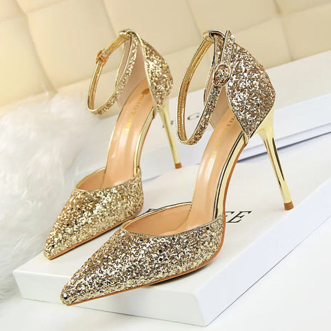 summer new European style stiletto heels shallow mouth pointed head sequins sexy nightclub show thin sandals for women