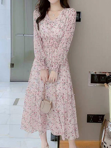 Classic Floral Ruffle Chiffon Dress-Pink