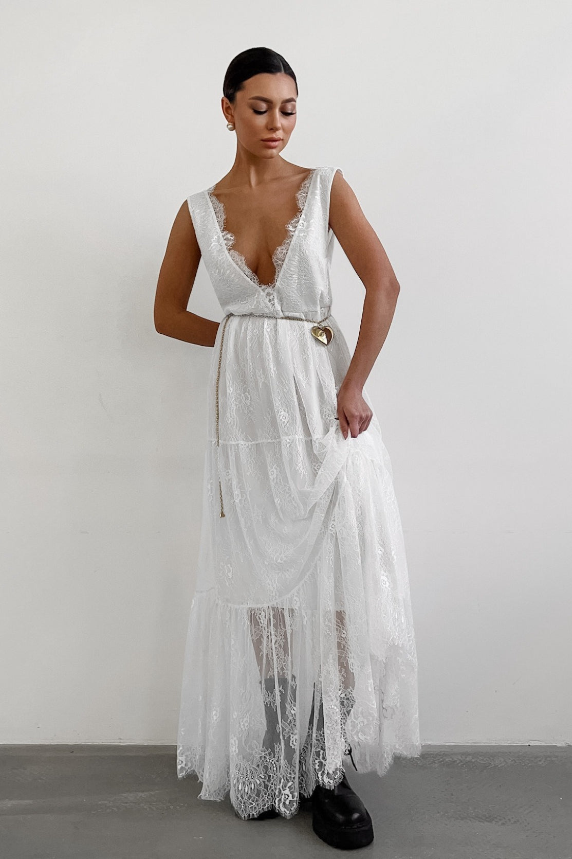 Sexy Solid V Neck Loose Lace Maxi Dress