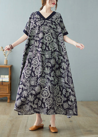 Vestido azul marino holgado con escote en V, estampado, abertura lateral, manga corta 
