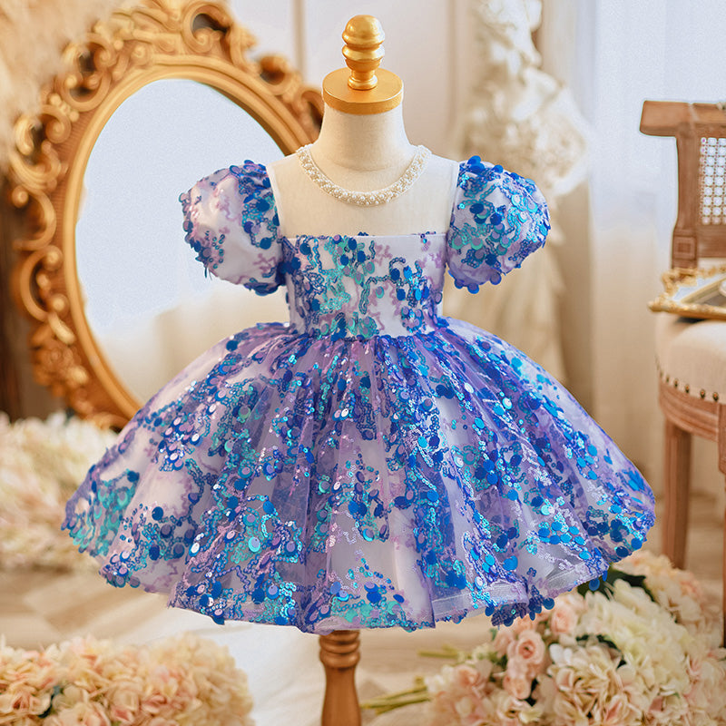 Ballkleider für Kleinkinder, Mädchen, flauschiges Kleid, blau, Pailletten, Partykleid, Kommunionskleid, Prinzessinnenkleid 