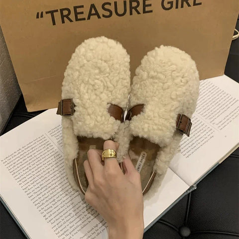 Mocasines planos de lana de cordero para mujer, elegantes, sin cordones, a la moda, para otoño 