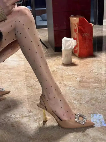 Nude colored pointed high heels new French style socialite real leather bun toe thin heels back hollow rhinestone sandals