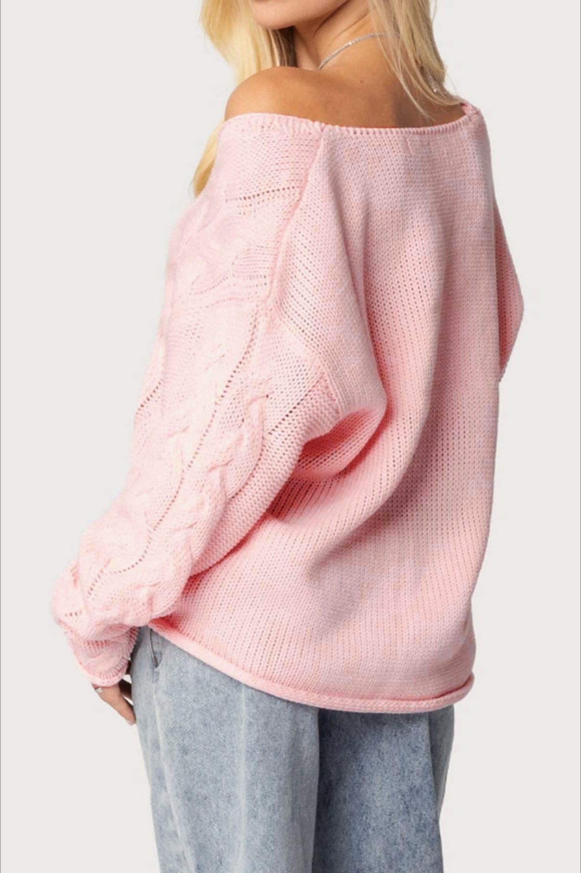 Solid Color V-Neck Cable-Knit Loose Sweater