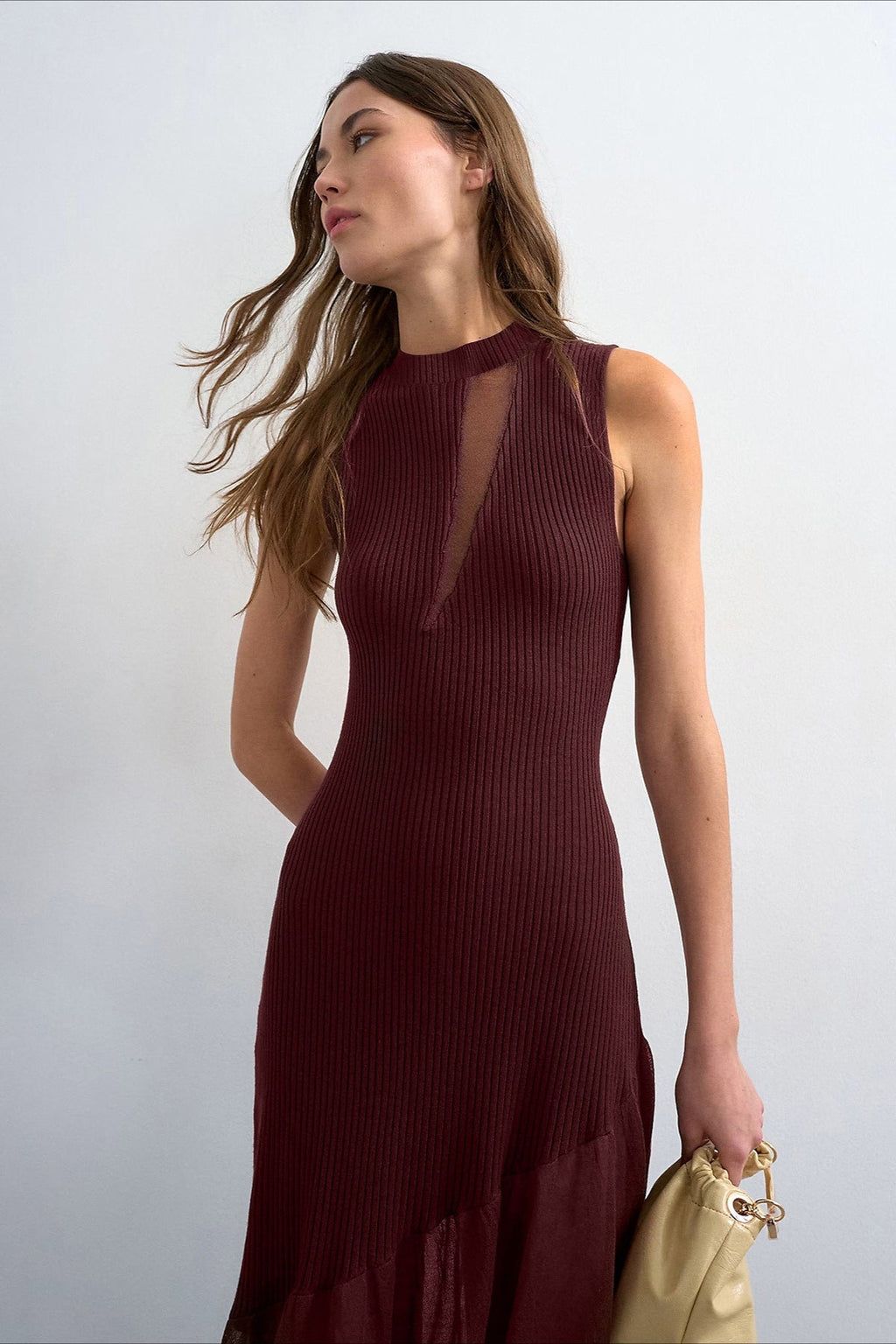 Ribbed Knit Mesh Splice Maxi Dress