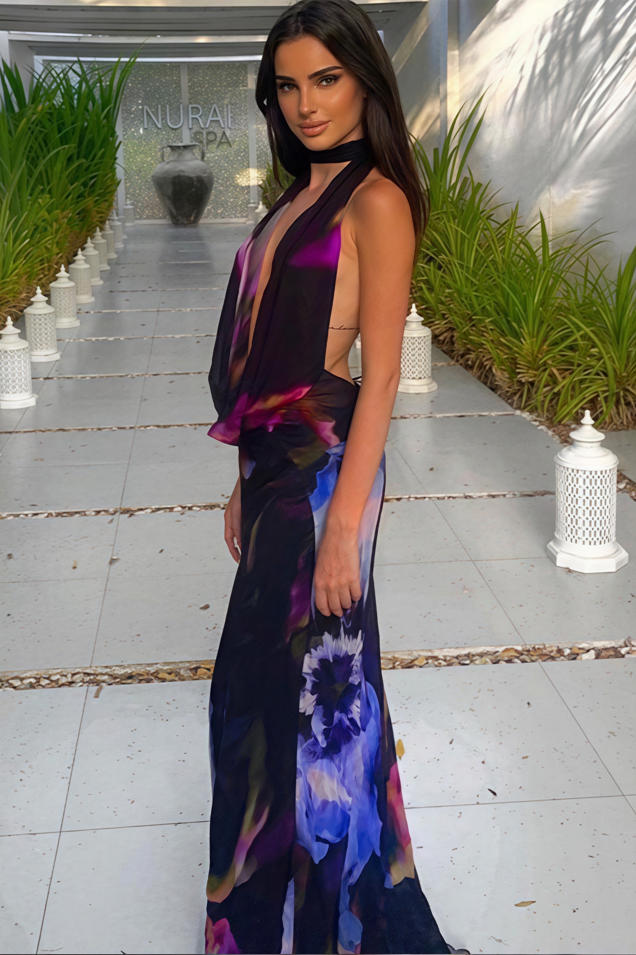 Elegant Digital Print Cowl Neck Vacation Maxi Dress
