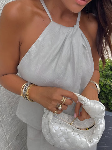 Camiseta sin mangas de algodón y lino con cuello halter 