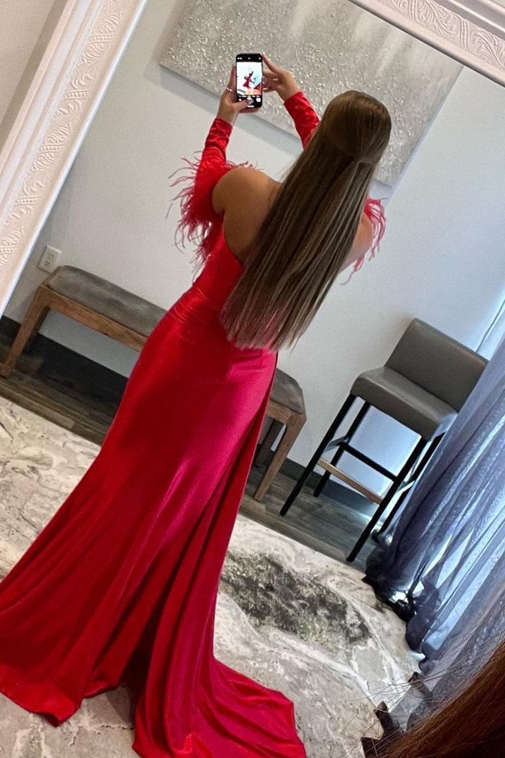Long Prom Dress with Feathers