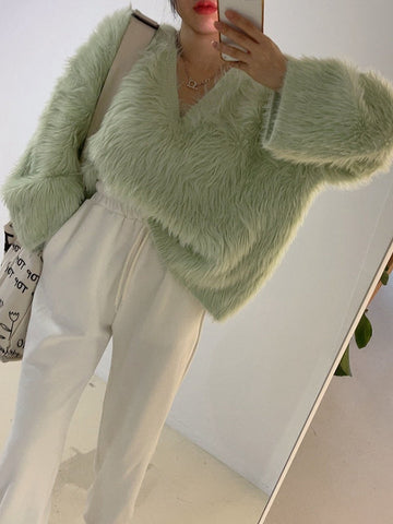 Suéter de cuello en V, suelto, de color liso y manga larga, de creación original 