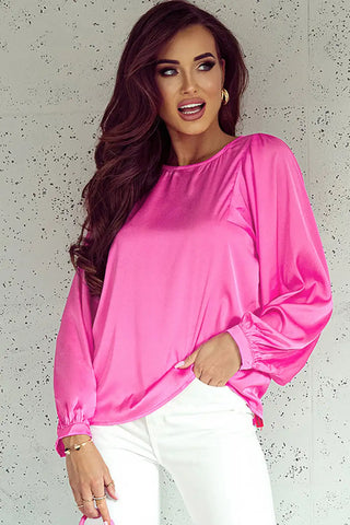 elegant pink satin puff sleeve blouse