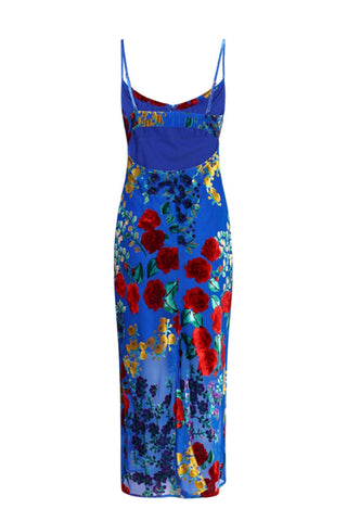 Vestido midi Julie de terciopelo floral con efecto desgastado y espalda descubierta 