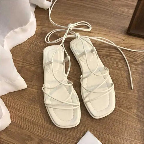 Flat Sandal Shoe All-Match Strappy Heels Shallow Mouth 2024 Women's Suit Female Beige Without Low  Gladiator Girls Outside New C