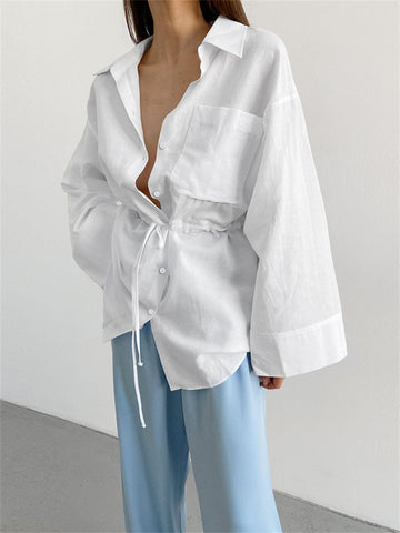Camisas casuales blancas con cordones, prendas de vestir exteriores para mujer, cárdigan de manga larga con parches, blusa, abrigo, novedad de 2024 