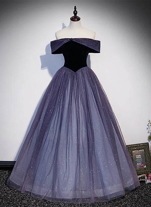 Sparkling Gradient Tulle Off Shoulder A-line Evening Dress Prom Dress