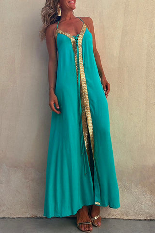 Vestido largo de tirantes finos con escote en V y espalda descubierta con lentejuelas de Meridress