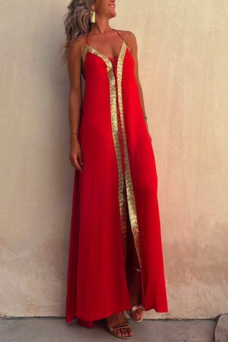 Vestido largo camisola Meridress con escote en V, espalda descubierta y lentejuelas con aberturas detalladas