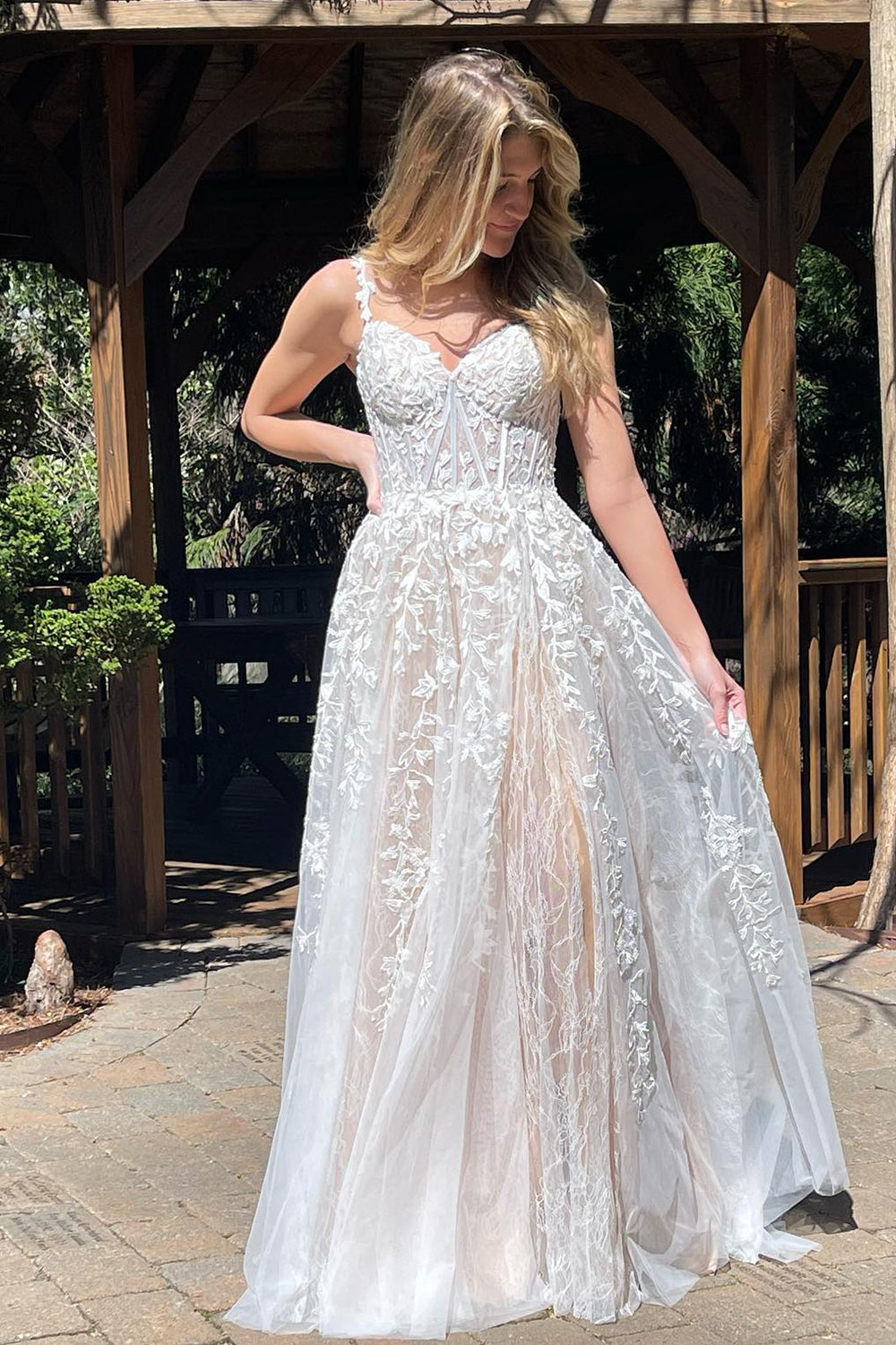 A-line Sweetheart Lace Tulle Prom Dress with Slit
